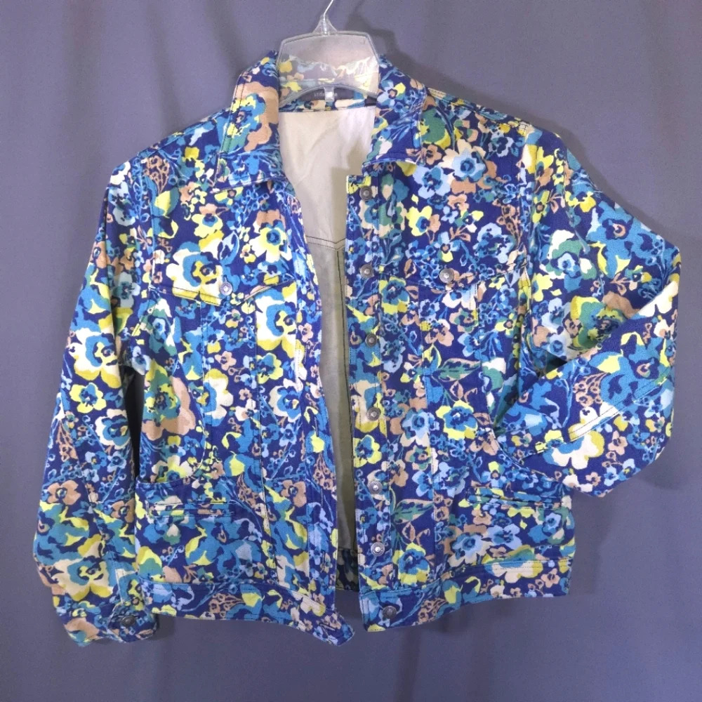 Liz Claiborne Denim Jacket Floral 100% Cotton Boho Western Hippie Size Large